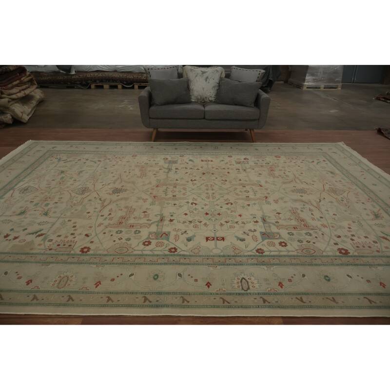 Hand Knotted Oriental 100% Wool Carpet Traditional Floral Beige & Ivories Ziegler Area Rug - 13' 7'' X 9' 9''