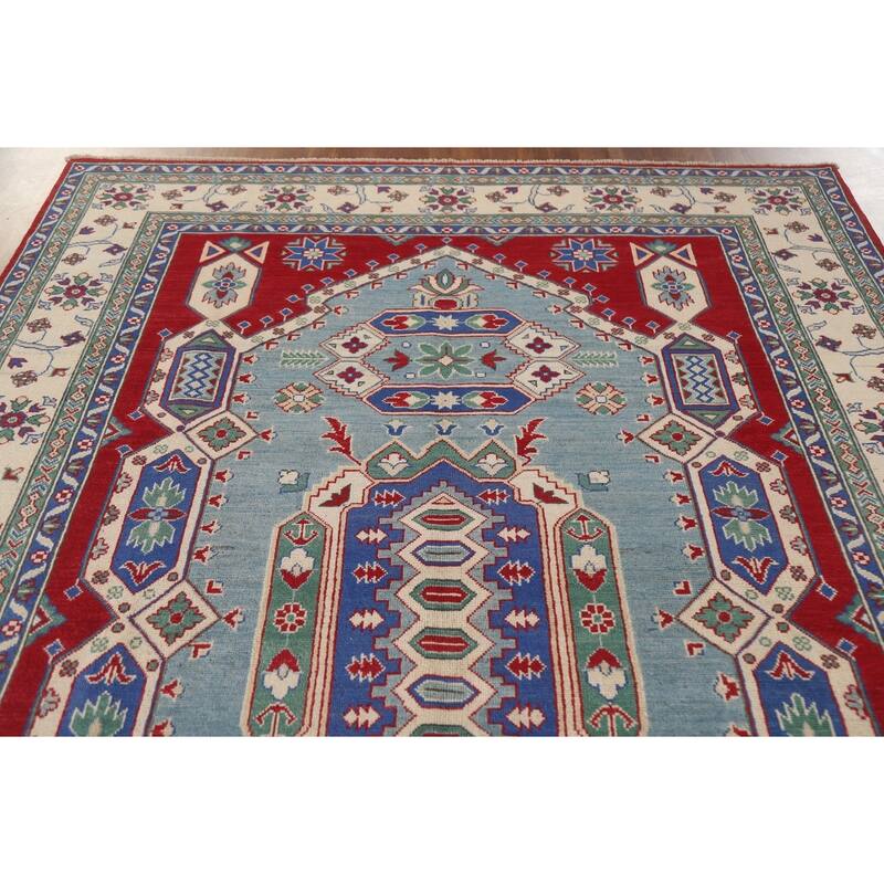 Hand Knotted Oriental 100% Wool Carpet Traditional Geometric Navy Blue & Blues Kazak Area Rug - 9' 7'' X 6' 10''