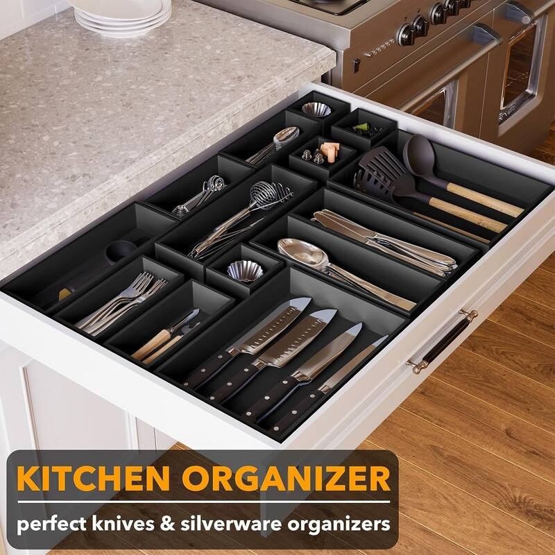 14-Piece Bamboo Drawer Organizer Storage Boxes Set, Wood Tray Junk Drawer Organizers Multi-Use Divider Bins