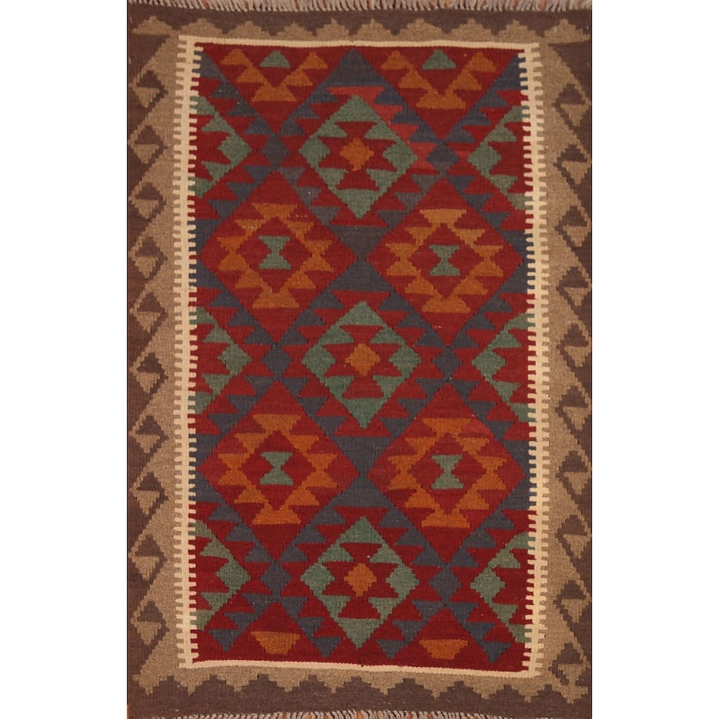 Reversible Kilim Rug Hand-woven Oriental Wool Foyer Carpet - 3'3" x 4'10"