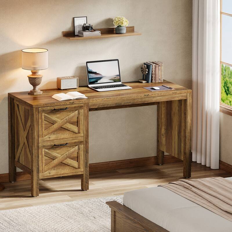 55-Inch Computer Desk with 2 Drawers, Home Office Desk with Heavy Duty Legs, Rustic Brown