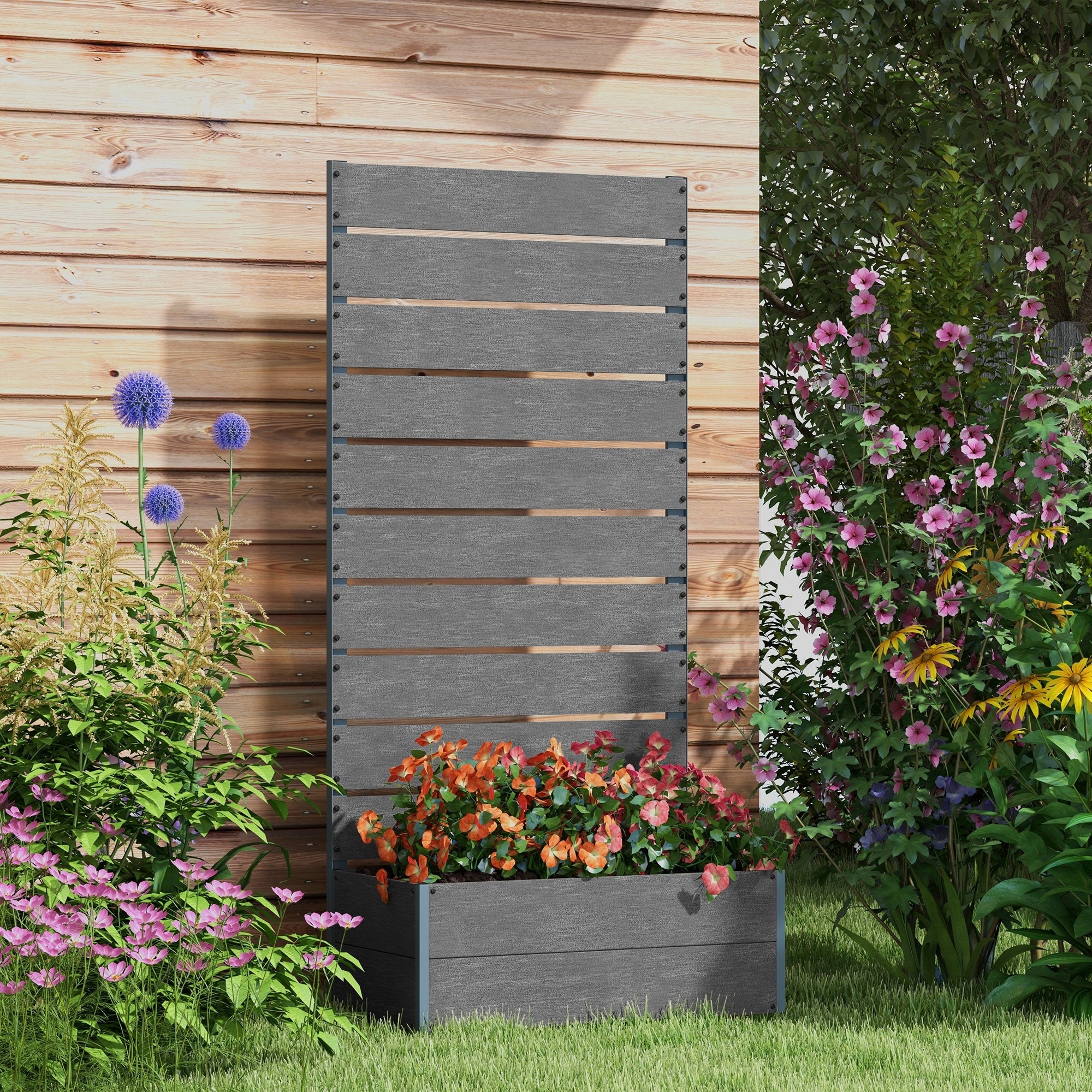 Outsunny Raised Garden Bed with Trellis for Climbing Plants, Planter Box with Drainage Gap, Freestanding Trellis Planter