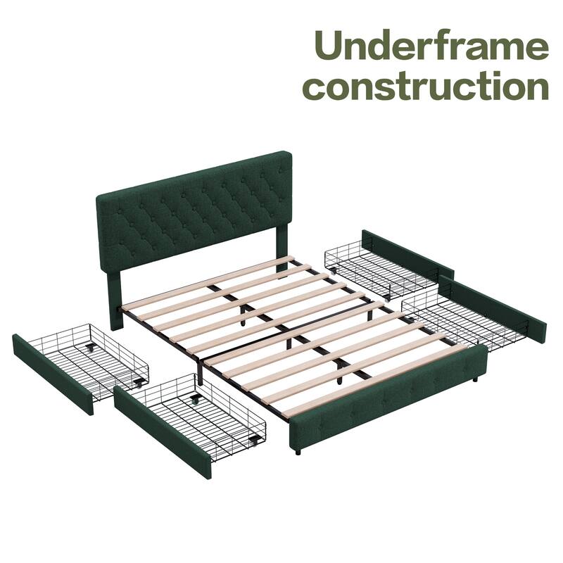 Linen Upholstered Headboard Bed Frame with Large Hidden Storage, 4 Underbed Drawers with Pulleys