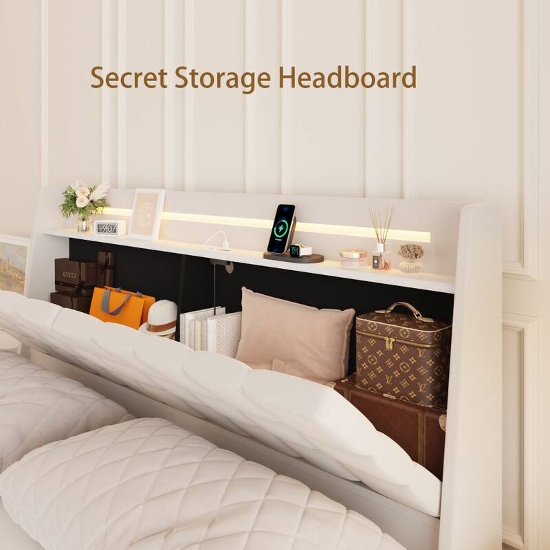 Floating Bed Frame with LED Light and Charging Station Upholstered Platform Bed