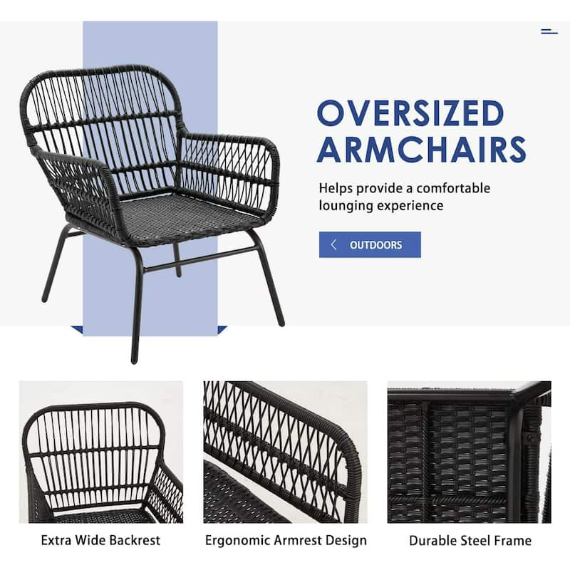 EROMMY 3-Piece Patio Conversation Set with Glass Table & 2 Armchairs, Seat Cushions