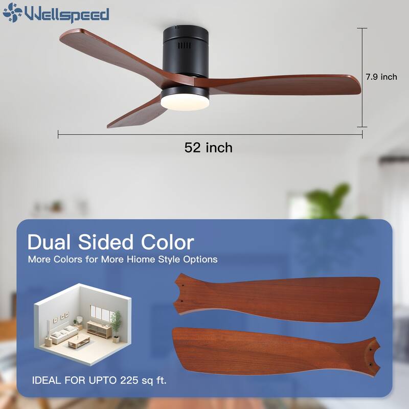 52In. Farmhouse Indoor Flush Mount Low Profile Ceiling Fan with Solid Wood Blades and Remote Control