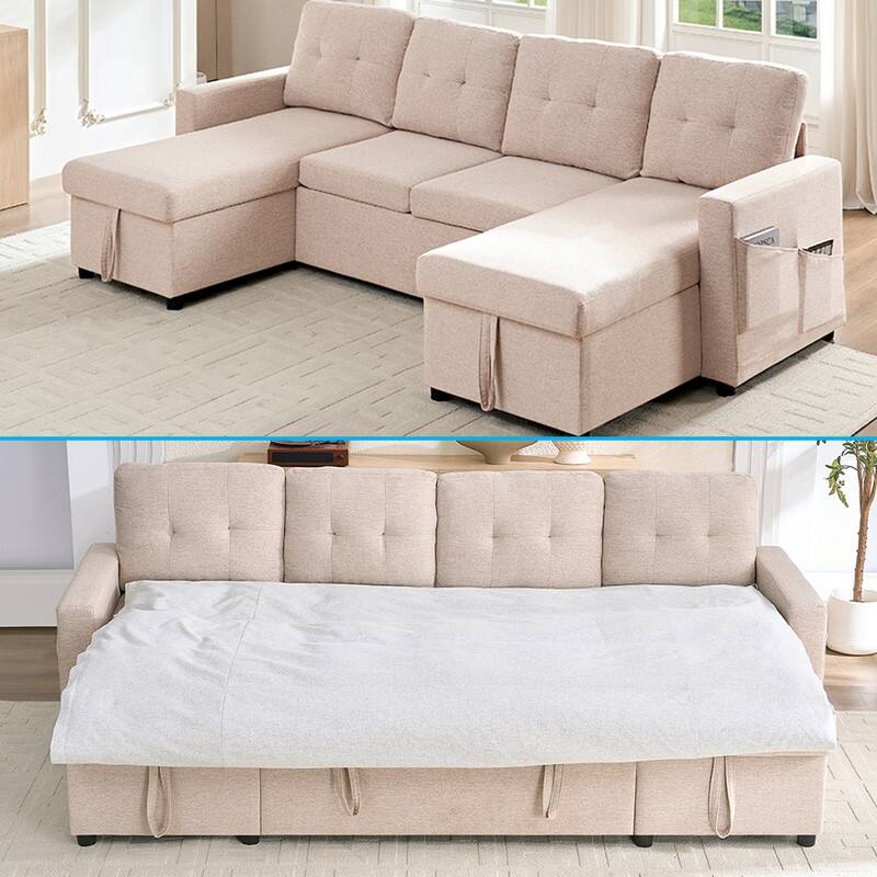 98"W 4-Seater Modular Sleeper Sofa Bed with Storage Chaise,U-shaped Sofa with Pull-out Bed