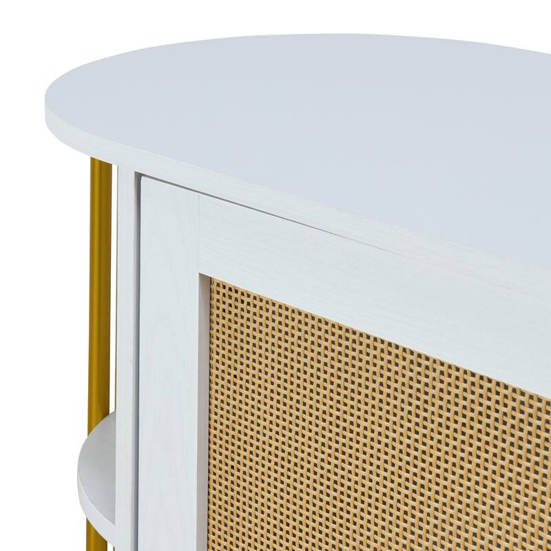 Curved Dining Sideboard with Gold Trim and Woven Rattan Doors for Stylish Dining Room Storage