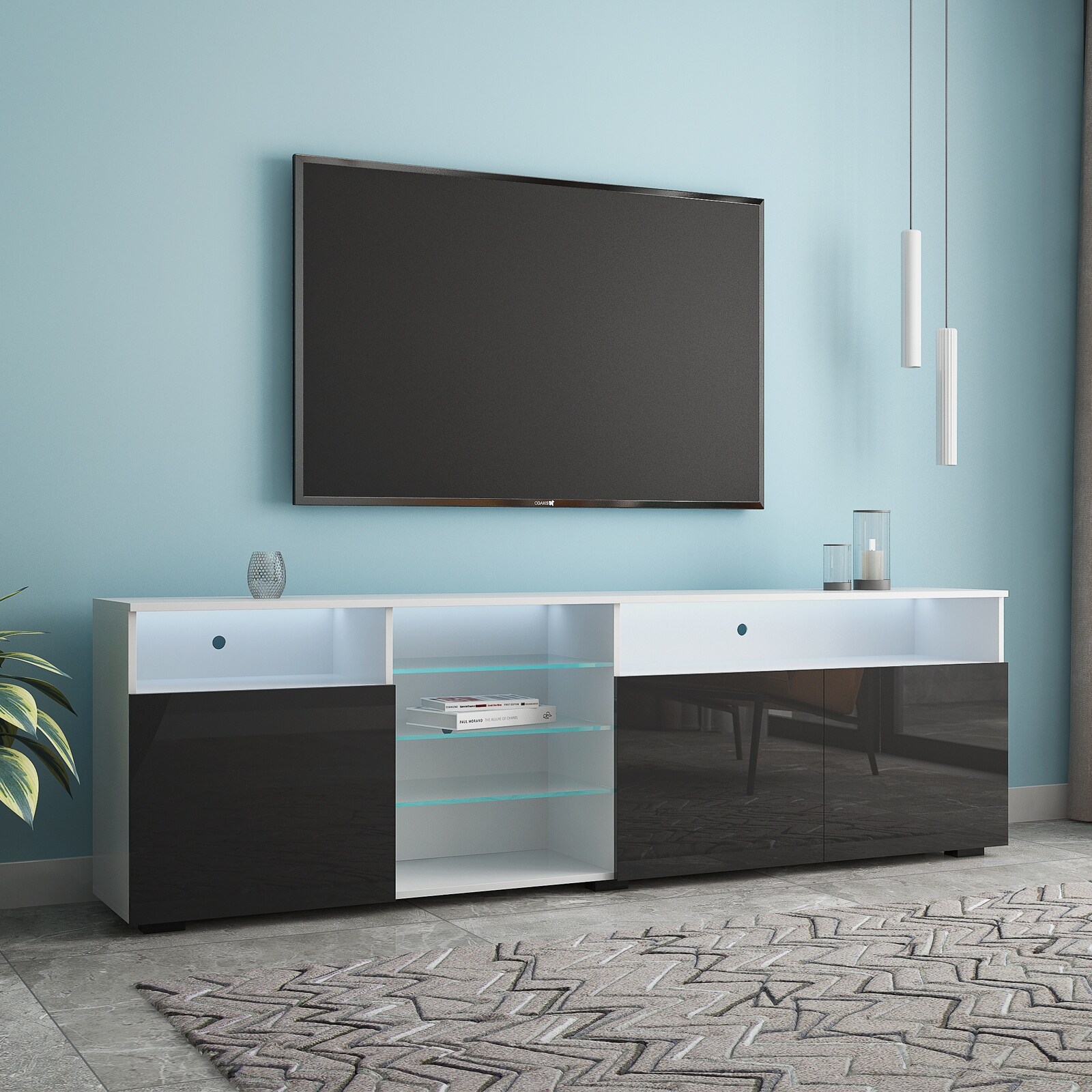 TV Stand with Matte Body High Gloss Doors TV Cabinet with 16