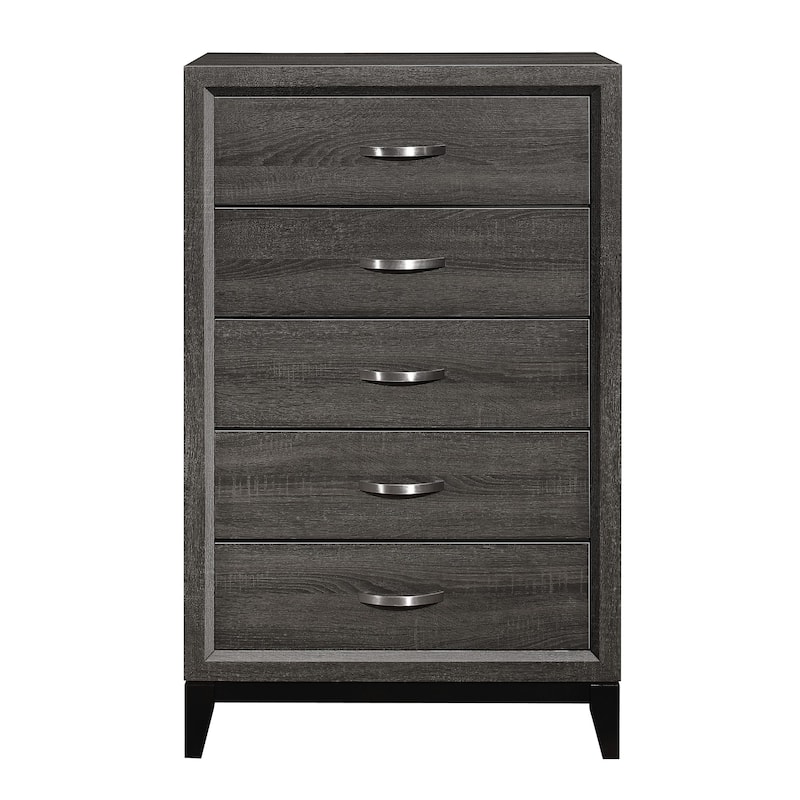 5 Drawer Wooden Chest with Grain Details and Chamfered Feet, Gray