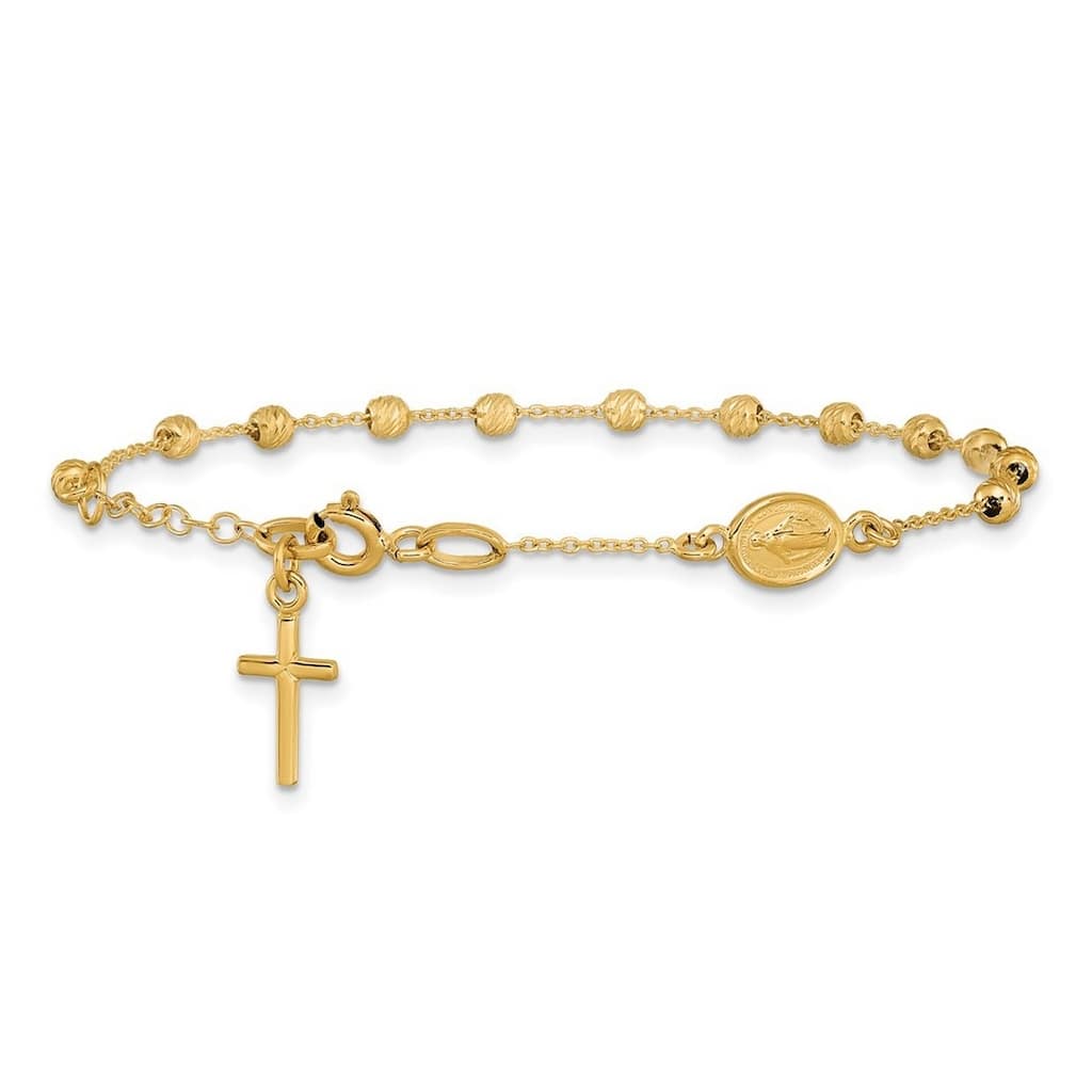 Curata 14k Yellow Gold Childrens 6" Cross and Miraculous Medal Bracelet