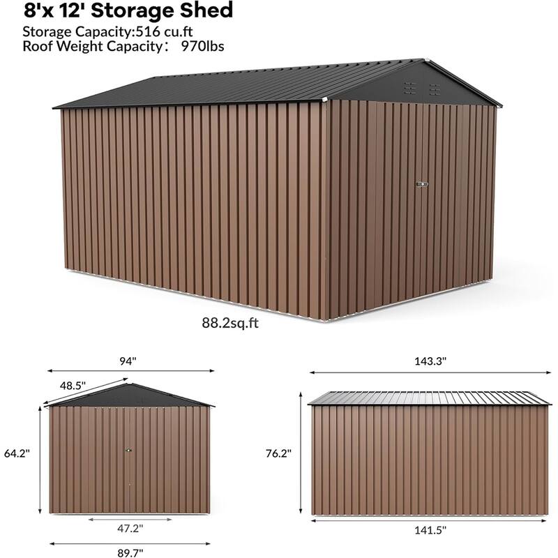 8x12FT Metal Outdoor Storage Shed with Lockable Door, Sloped Roof Steel Tool Shed