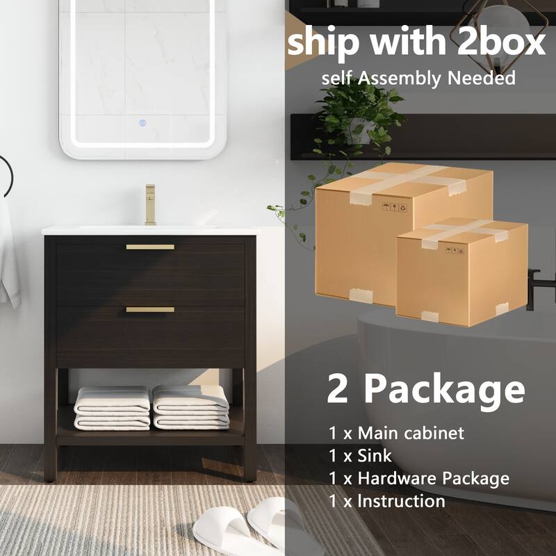 30" Bathroom Vanity with Ceramic Sink, Freestanding, Soft Closing Drawers, 4 Wood Feet, Durable and Water-Resistant