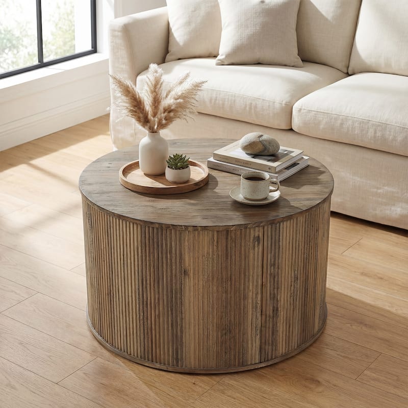 31.5" Round Solid Wood Coffee Table, Rustic Modern Center Table