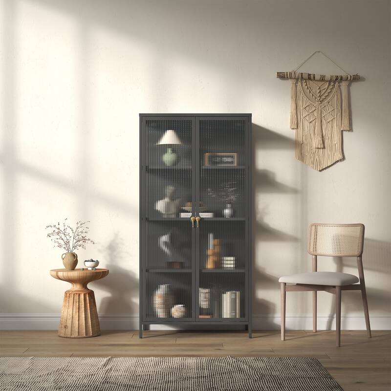 Benoite 63.05-inch Black Two Door Metal Storage Cabinet with Fluted Clear Doors and Gold Handles - 63.05