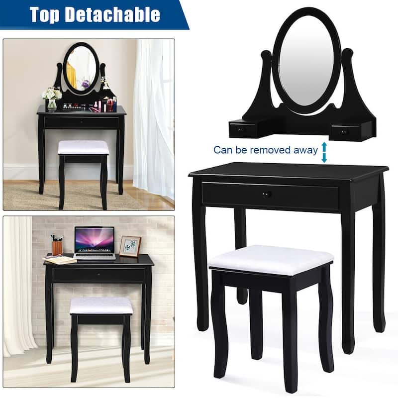 Gymax Bedroom Wooden Mirrored Makeup Vanity Set w/Stool Black