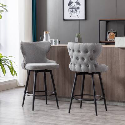 Bar Stool 180° Swivel Bar Chair Gold Nailhead Trim Metal Legs (Set of 2), Grey