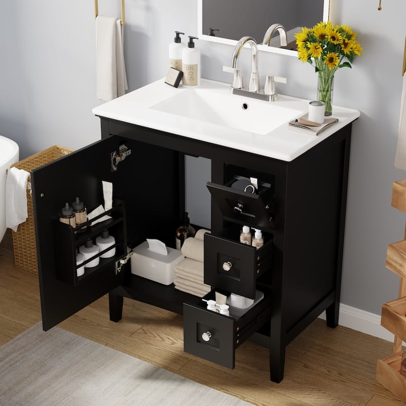 30'' Freestanding Bathroom Vanity in Black with White Integrated Ceramic Sink - 30'' x 18.3'' x 33.7''