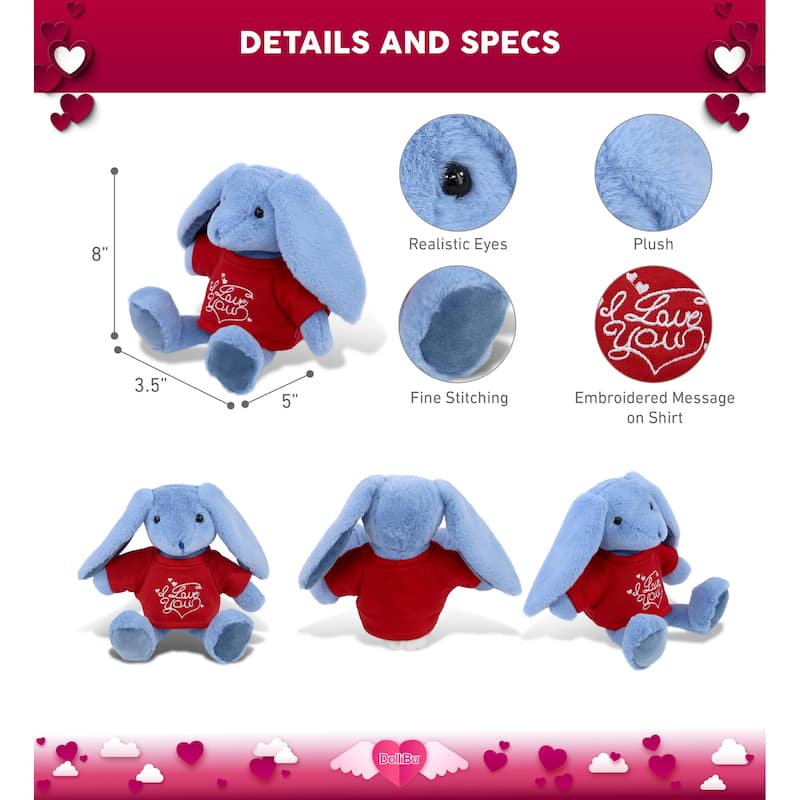 DolliBu I LOVE YOU Super Soft Baby Blue Rabbit Plush with Red Shirt - 8 inches