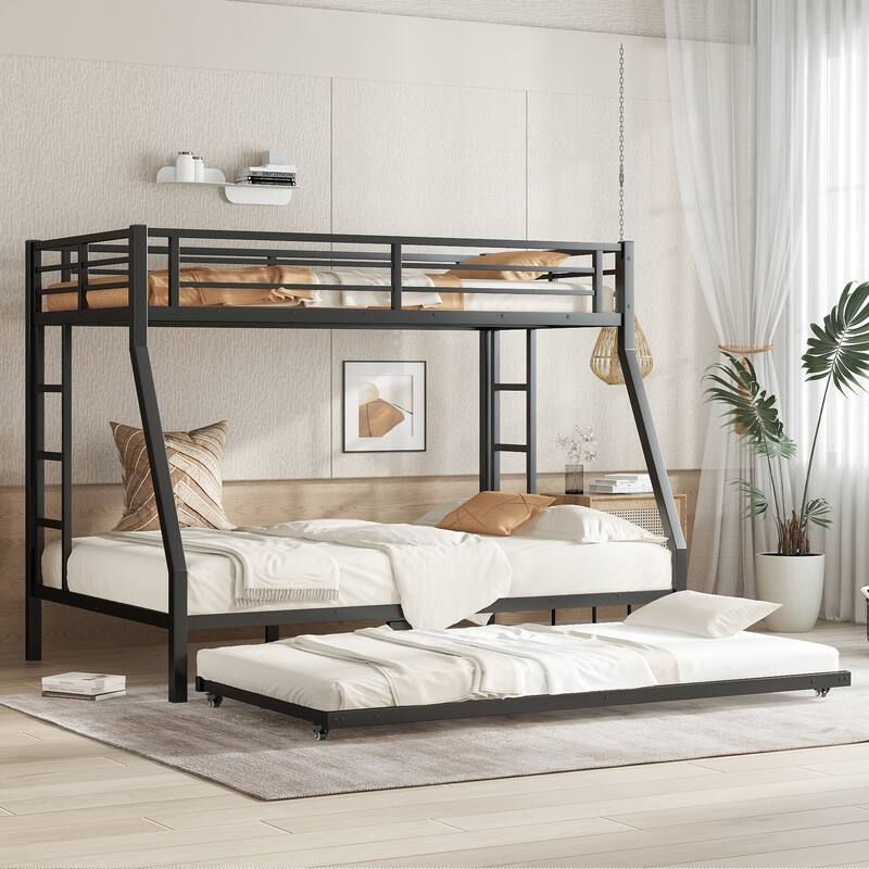 Metal Bunk Bed with Twin Size Trundle – Black Finish, Space-saving Design for Kids/Teens, Sturdy Frame, Easy Assembly - Full