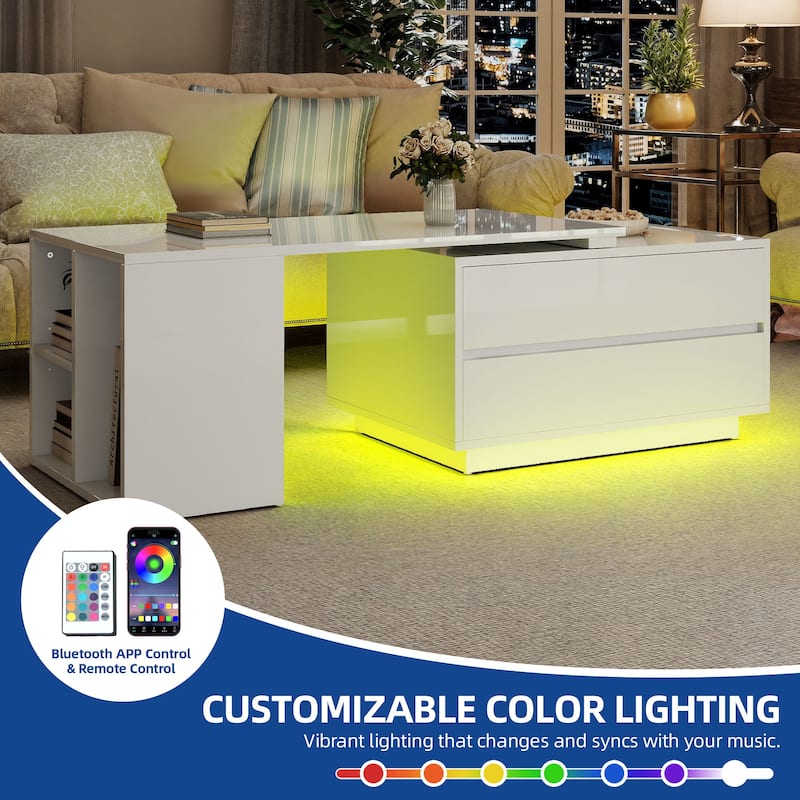Moasis Modern Glossy LED Coffee Table with Drawers and Storage Shelves