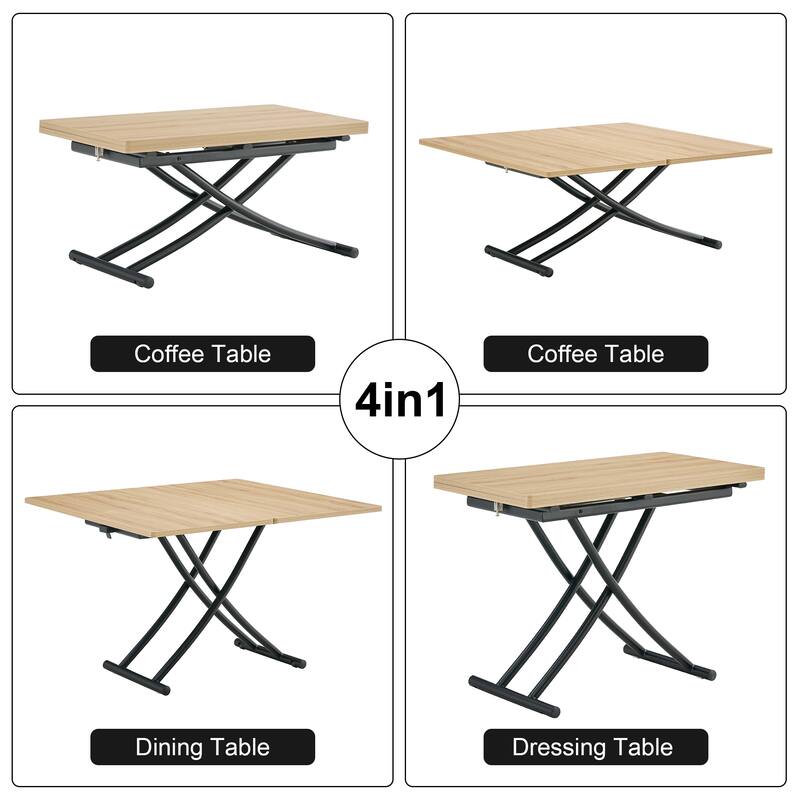 Modern Multifunctional Lift Table: 0.8" Wood Grain MDF Top & Black Metal Legs – Ideal as a Vanity, Coffee Table, Dining Table