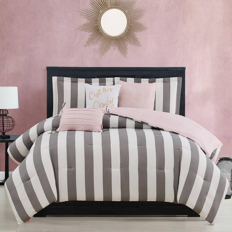 Juicy Reversible Cabana Stripe Bedding Set - Grey/White - Twin - Twin XL