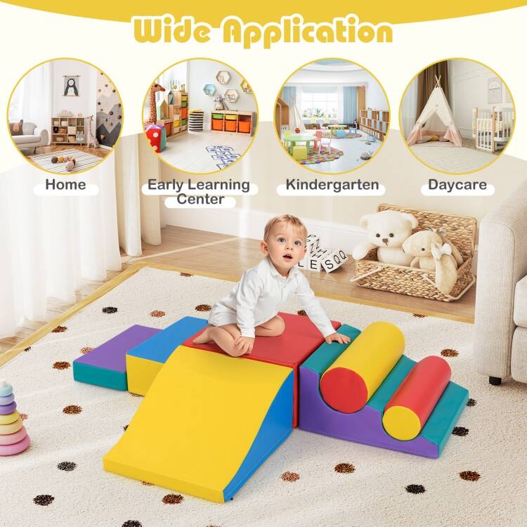 Red PU Leather EPE Foam 7-Piece Kids Climbing Blocks Set with Slide and Wave Shape - 19.5" x 17.5" x 10" (L x W x H)