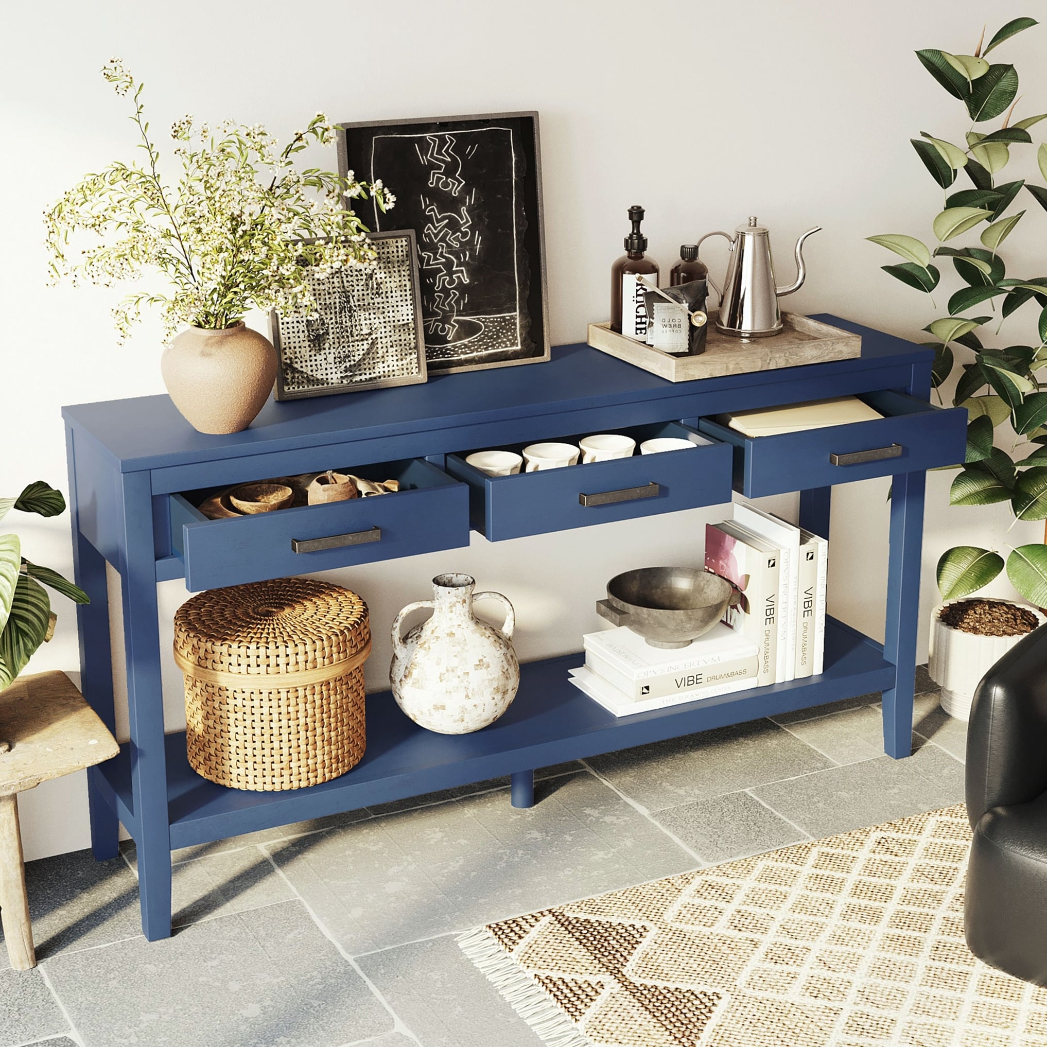 Farmhouse Entryway Table with 3 Drawers, Painted Console Table with Bottom Shelf & Iron Handles