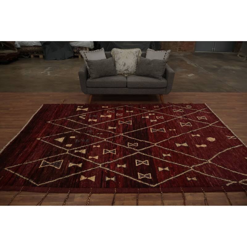 Hand Knotted Oriental 100% Wool Carpet Modern Tribal Red Moroccan Area Rug - 9' 9'' X 7' 0''