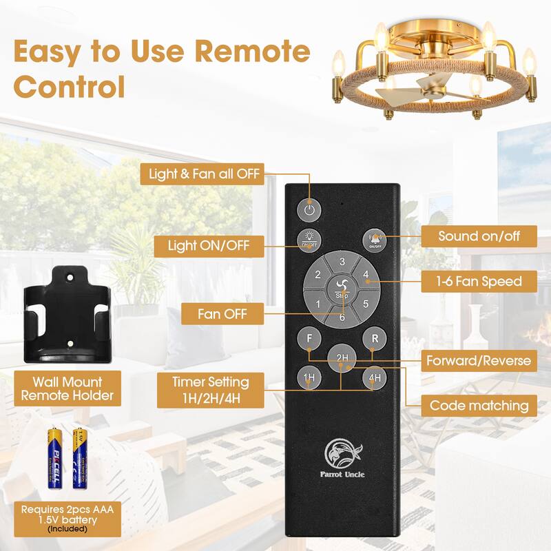 20.4" Gold Hemp Rope Chandelier Low Profile Caged Ceiling Fan with Light - 20.35 in. D x 20.35 in. W x 6.54 in. H