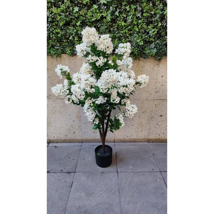 47 In. Artificial White Lilac Plant in black pot. Outdoor/Indoor - Green
