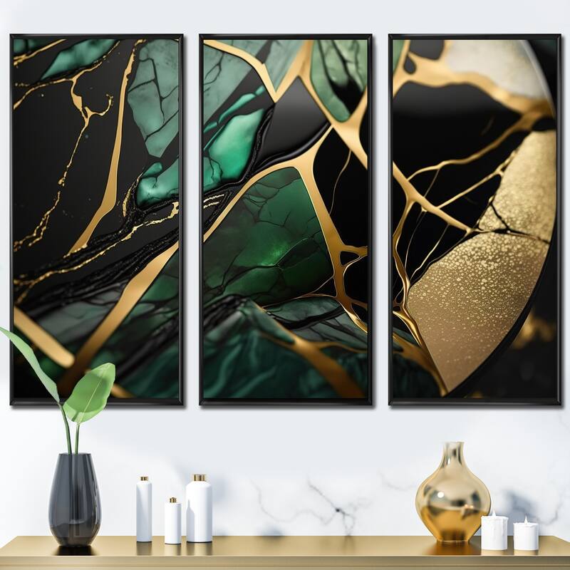 Designart "Abstract Geode Green III" Abstract Marble Framed Canvas Art Print - 3 Panels