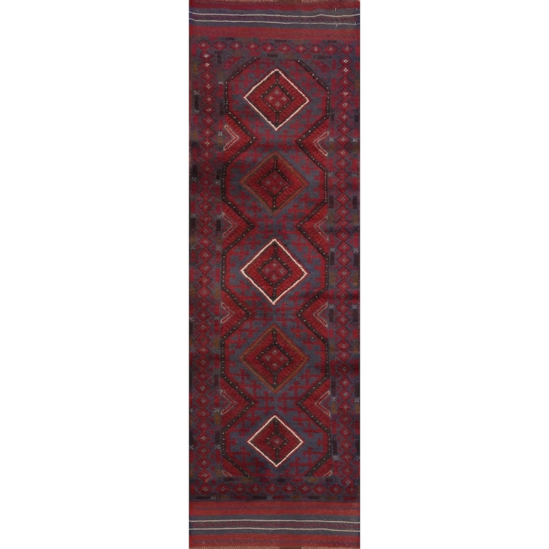 Hand Knotted Oriental 100% Wool Carpet Traditional Tribal Navy Blue & Blues Balouch Runner Rug - 8' 3'' X 1' 10''