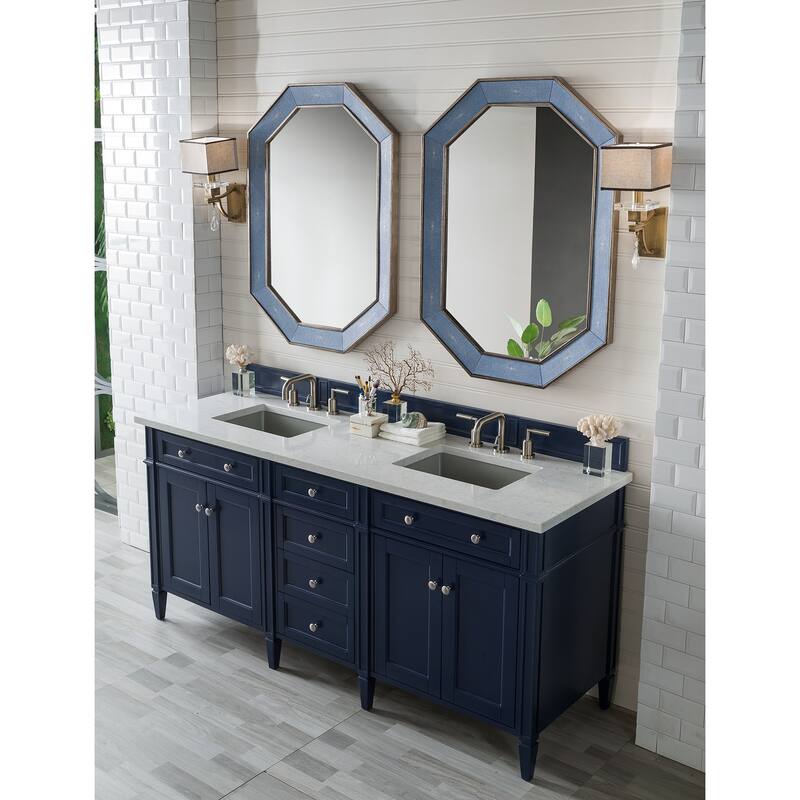Brittany 72" Double Vanity, Victory Blue w/ 3 CM Eternal Jasmine Pearl Silestone Top w/FreePower Wireless Charger