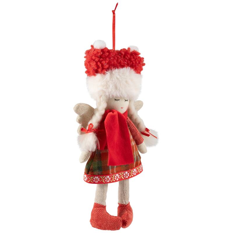 Plaid Angel Girl with Braided Pigtails Christmas Ornament - 8.5" - Red and Cream