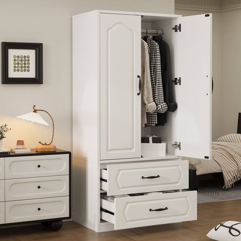 69" Wooden Armoire Wardrobe Closet with Drawers, Modern Bedroom Storage Cabinet with Hanging Rod