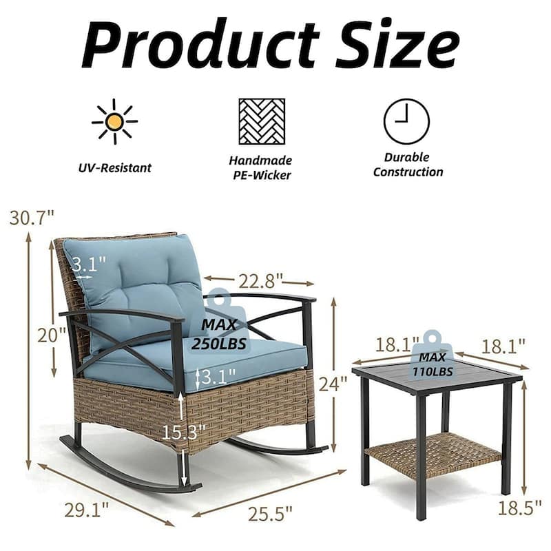 3 Pieces Patio Rocking Rattan Set, Outdoor Bistro Set with Cushions - 1 Table,2 Rocking chairs