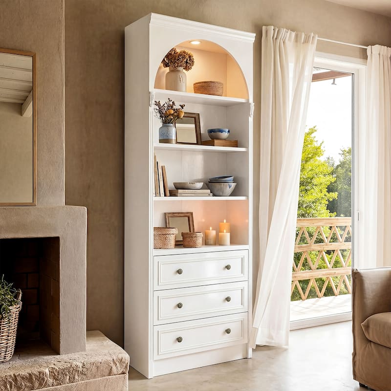 Modular White Bookcase with LED Lights & Glass Doors, 86.6" Tall Arched Display Cabinet Solid WoodStorage Cabinet