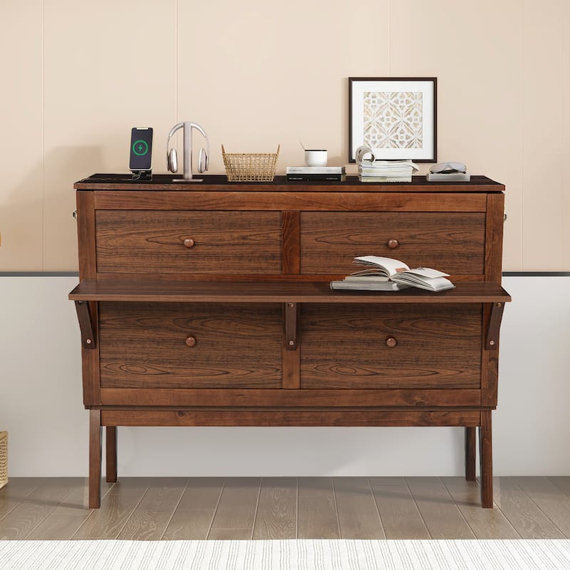 Full Size Murphy Bed with USB Port and Removable Shelves on Each Side, Solid Pine Murphy Cabinet Bed for Home Office
