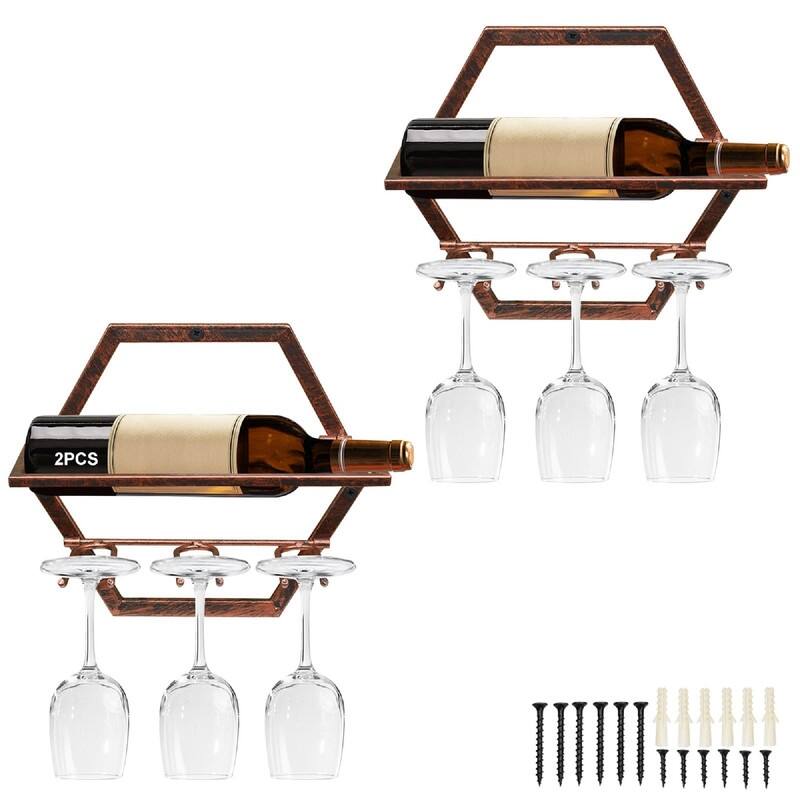 2Pcs Wall Mounted Wine Bottle Stemware Rack - 11"D x 10"W x 1.8"H - Retro Brown
