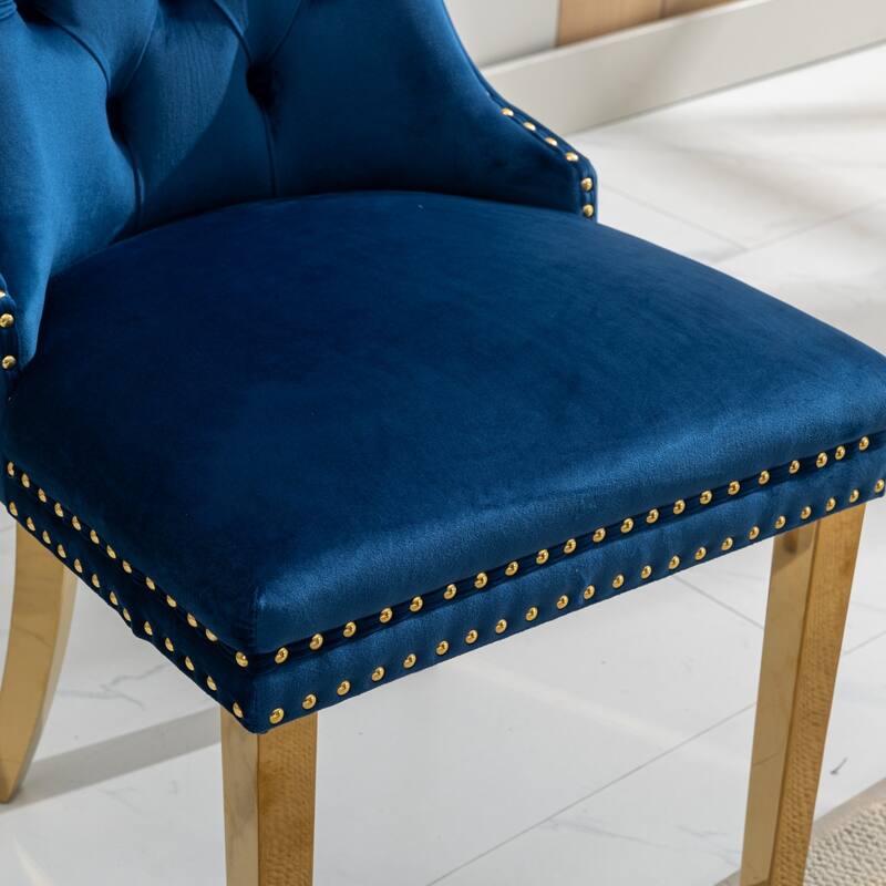 Set of 2 Velvet Dining Chairs with Nailhead Trim and Gold-Plated Legs