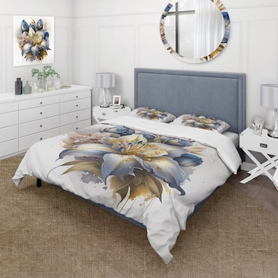 Designart "Gold And Blue Lily Bouquet III" Blue Modern - Bed Cover Set With Shams