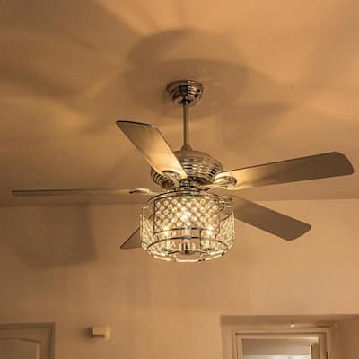 Cusp Barn 52 Inch Crystal Ceiling Fan, Chrome Reversible Chandelier, Modern Silent AC Motor Lighting Fixture for Dining Room