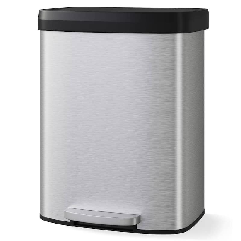 16 Gal Step-on Stainless Steel Trash Can with Soft-Close Lid for Home, Kitchen, Office - Silver