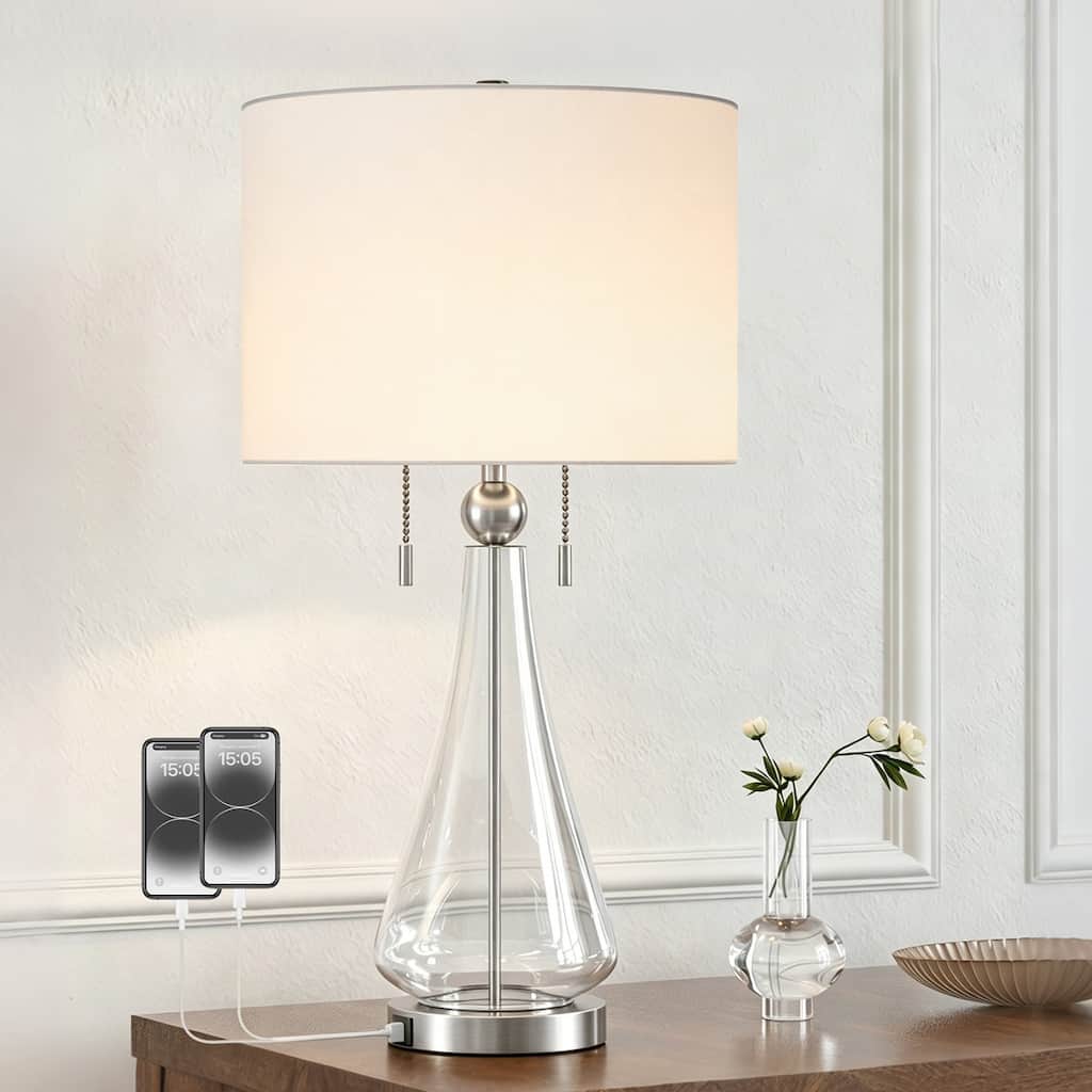 Maxax 28" Modern Glam Glass Table Lamp USB Charging Pull Chain Soft Lighting for Bedroom Living Room