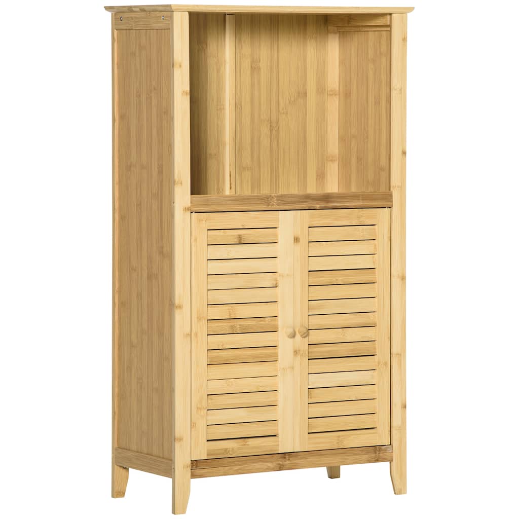 Homcom Bamboo Floor Cabinet Bathroom Floor Cabinet Living Room Organizer Tower With Multiple Shelves And Doors