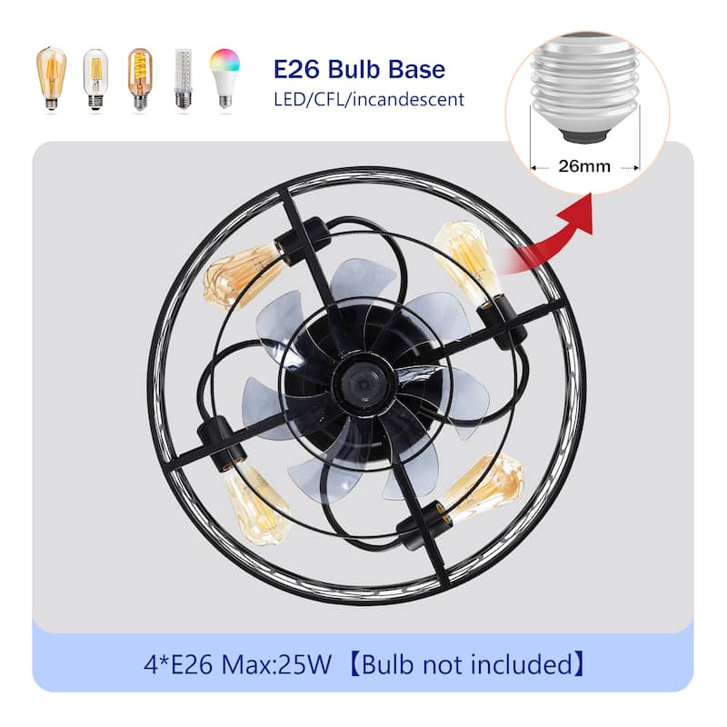 20" Caged Ceiling Fans with Lights,Bladeless Ceiling Fan 6 Speed Reversible with Remote Control,Flush Mount Caged Ceiling Fan