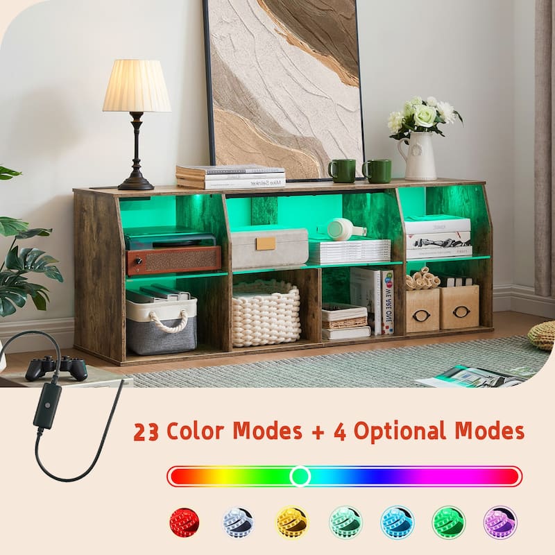 VECELO TV Stand with LED Light, Industrial Entertainment Center with 7 Open Storage