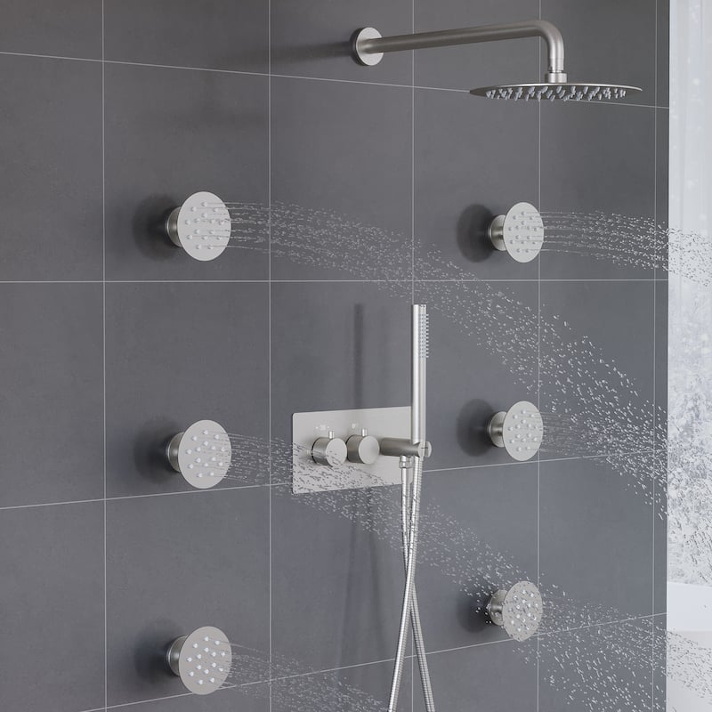 Thermostatic Shower System with 10" Ultra-Thin Round Shower Head,Body Jets And Hand Shower
